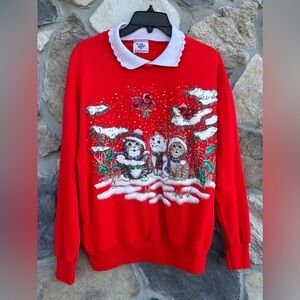 Red Cat Sweater Size L Winter Holiday Kittens Glitter Cat Lover Cat Lady Cottage